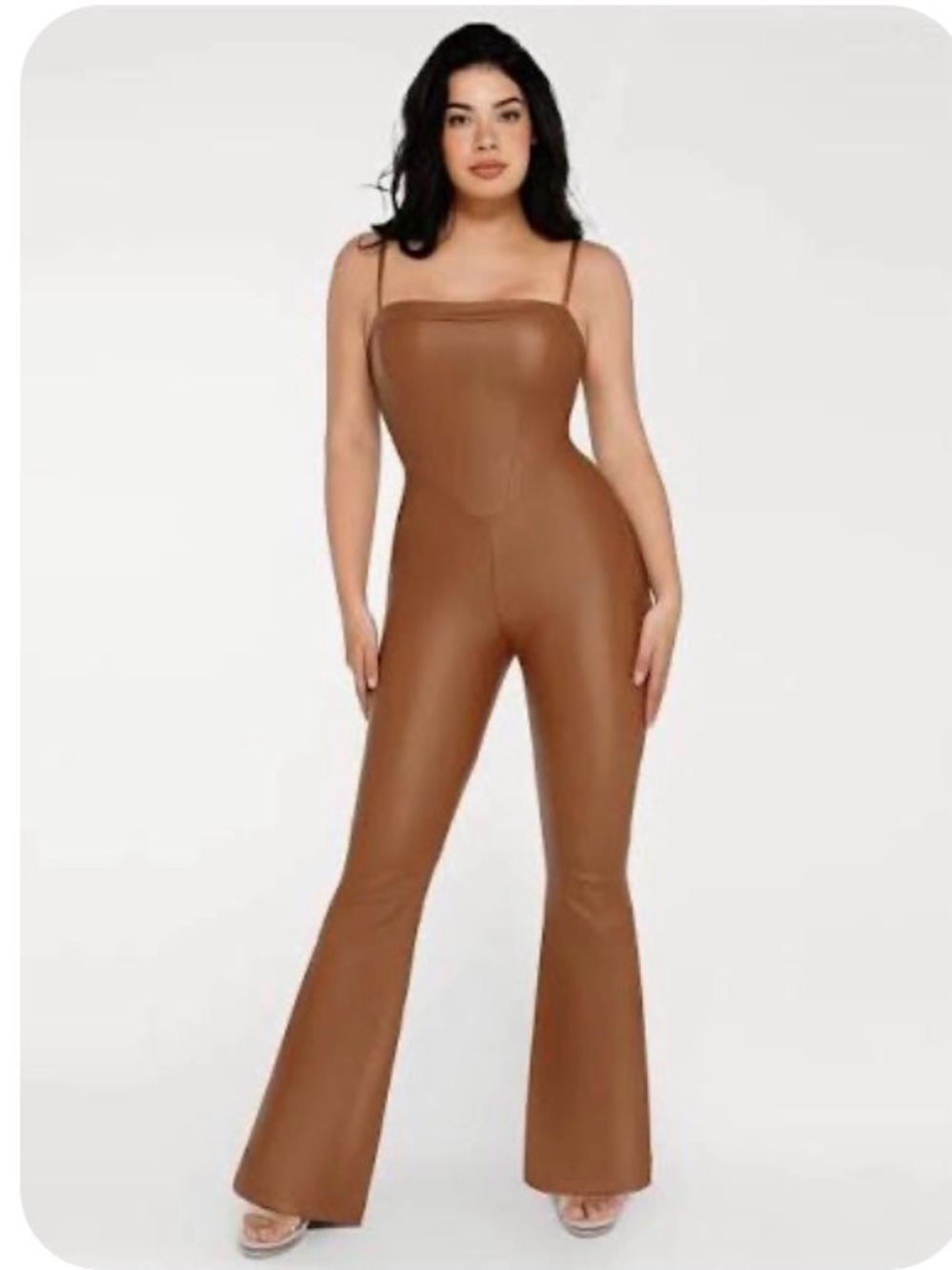 Popilush sz XS Faux Leather Brown Jumpsuit with Strappy Neckline nwt